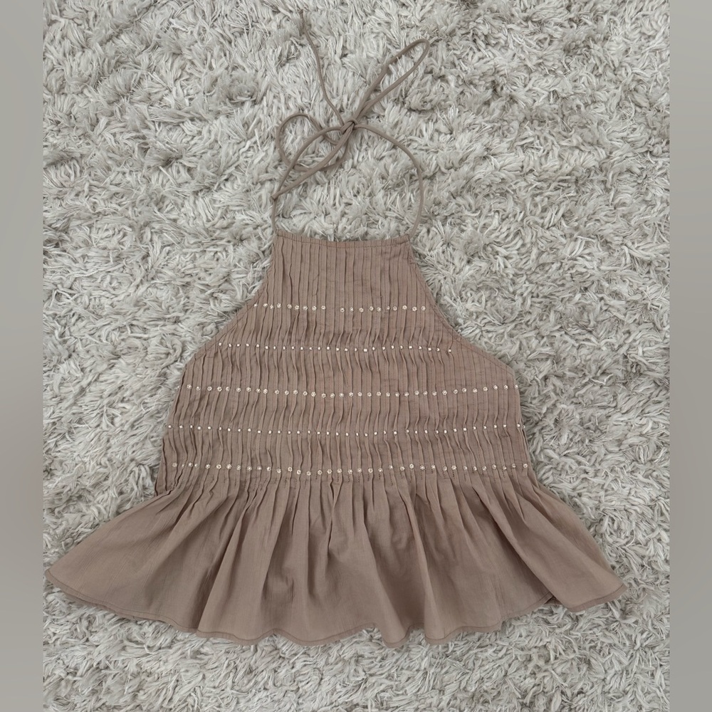 Free People Neutral Halter Top with Ruffle Hem        (Size XS)